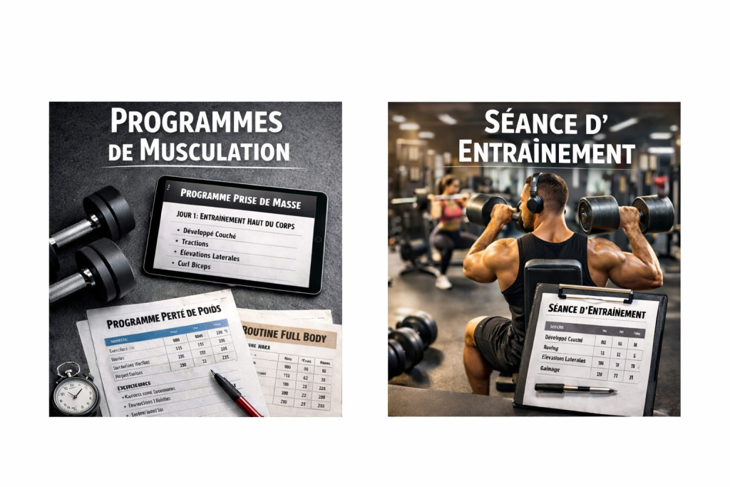 L’image montre plusieurs feuilles blanches posées sur une surface, chacune présentant différents programmes de musculation avec exercices, séries et répétitions. À côté des feuilles, une tablette affiche également un programme détaillé, renforçant l’idée d’organisation et de suivi numérique des entraînements. L’ensemble suggère un environnement structuré, pratique et dédié à la planification efficace de la musculation.
Un homme est en plein entraînement, concentré sur ses mouvements et sa technique. En arrière-plan, une feuille blanche accrochée à un tableau montre l’organisation de ses différentes séances d’entraînement, avec les exercices, séries et répétitions clairement indiqués. L’image illustre à la fois l’effort physique et la planification structurée de sa routine sportive.
