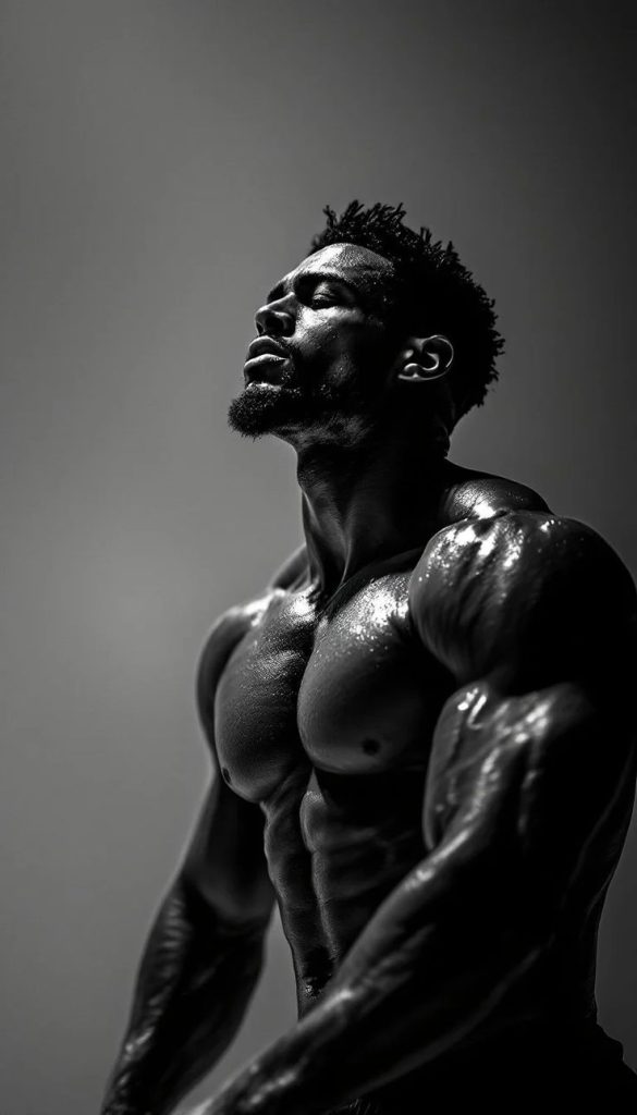 Un homme torse nu, au physique musclé, est en plein effort pendant une séance de sport. Ses muscles sont bien dessinés et tendus par l’exercice, montrant sa puissance et son engagement. Son corps est gainé, sa posture contrôlée et son regard concentré. L’image dégage une impression de force, de motivation et de détermination.