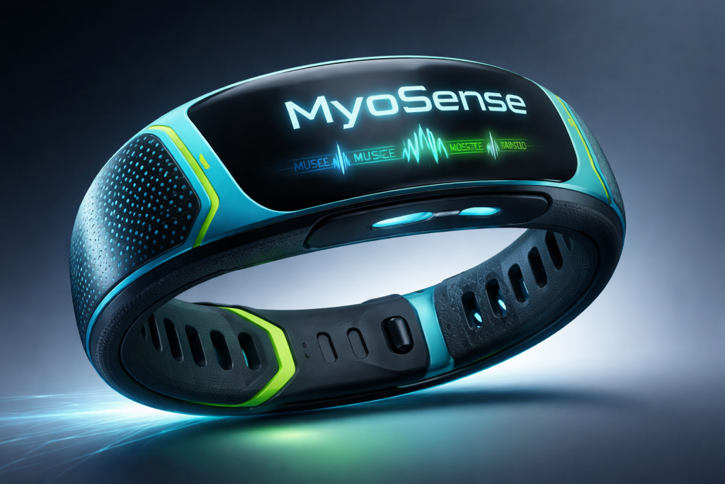 Bracelet connecté futuriste noir et bleu affichant le logo "MySense" sur un écran incurvé 
