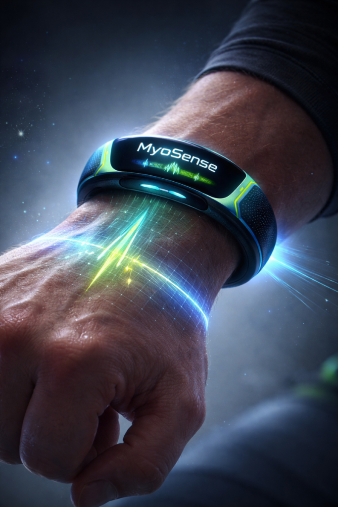 Bracelet connecté futuriste porté au poignet, affichant des ondes lumineuses pour analyser l’activité musculaire.